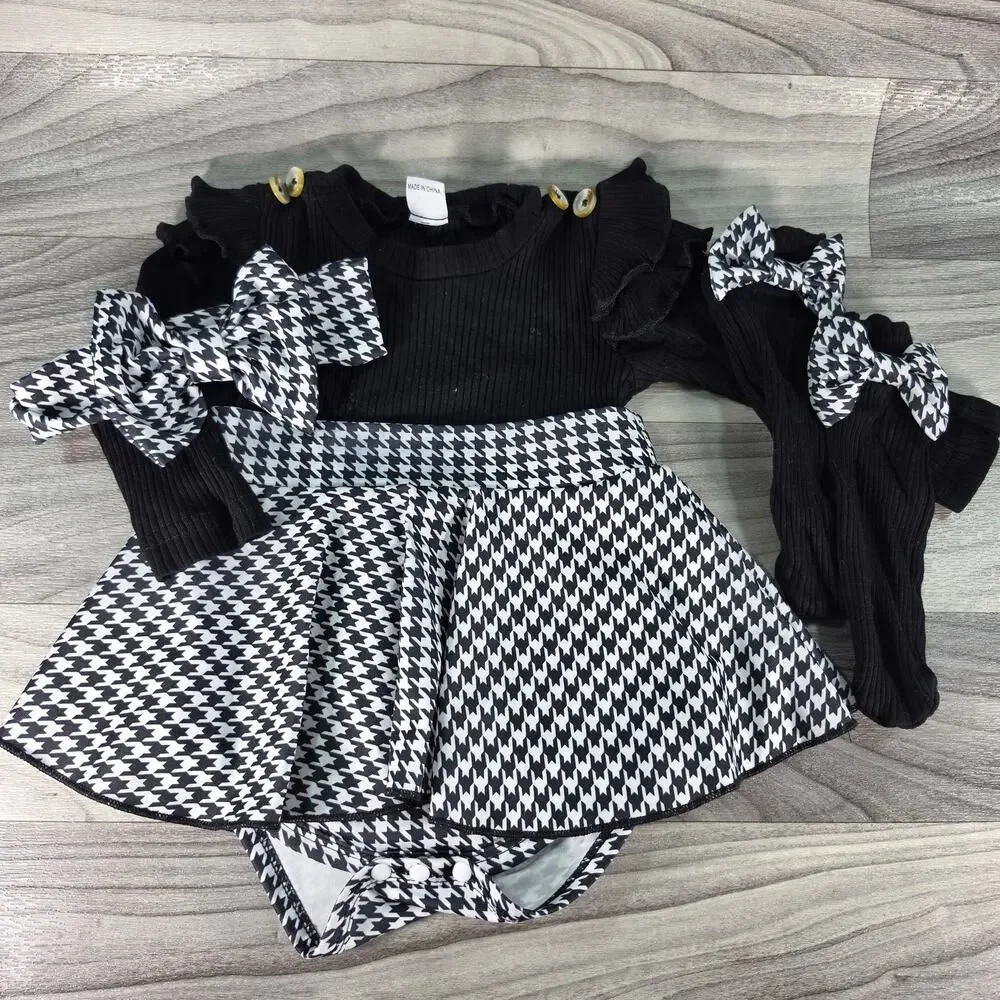 Houndstooth Skirted Romper Set Black White Bow Socks 9-12M 3 Pc Photoshoot